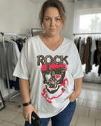 T-shirt blanc rock crâne léopard strass cœurs rose fluo femme grande taille 52-54 col V