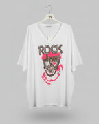 T-shirt blanc rock crâne léopard strass sur cintre vue d'ensemble coupe ample grande taille