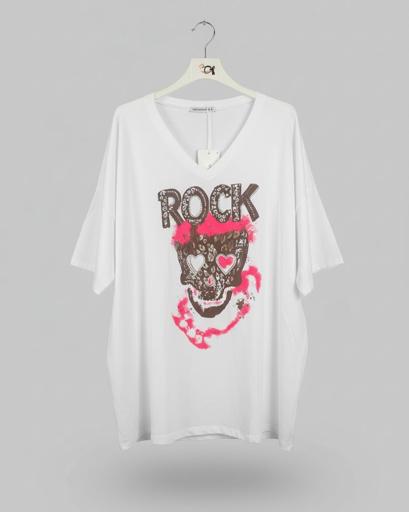 T-shirt blanc rock crâne léopard strass sur cintre vue d'ensemble coupe ample grande taille