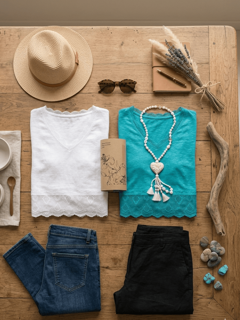 Composition à plat avec tops blanc et turquoise, jean, chapeau de paille, lunettes et sautoir sur une table en bois.