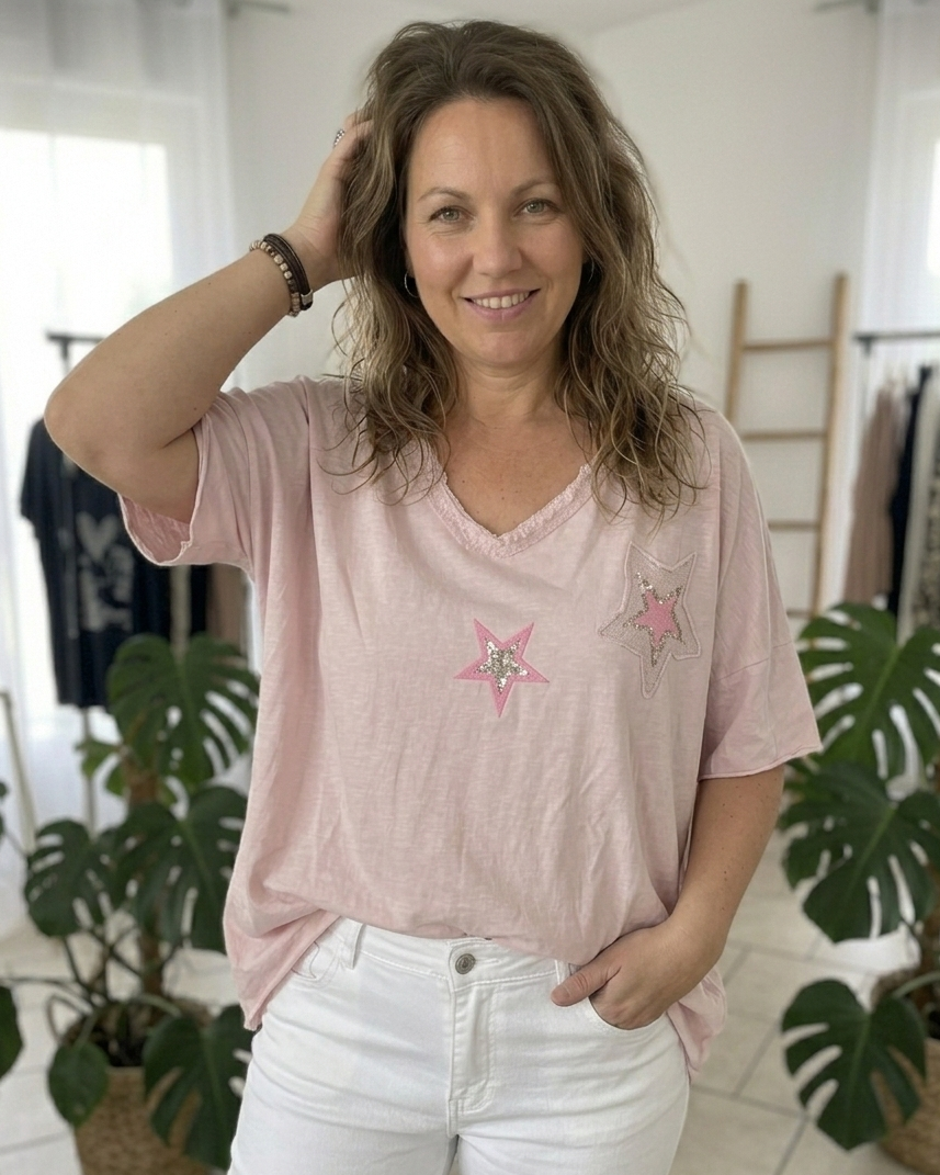 Top rose tendre étoiles strass paillétées col V effiloché femme 44-50 Made in Italy