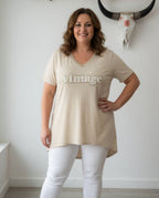 T-shirt Vintage beige en viscose, coupe loose et dos long