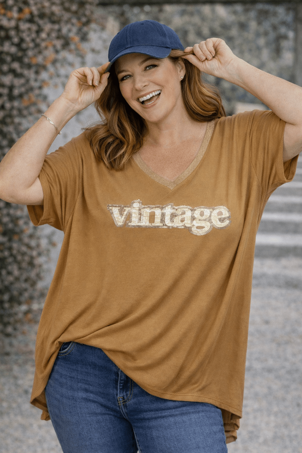 T-shirt Vintage camel loose, vue portée