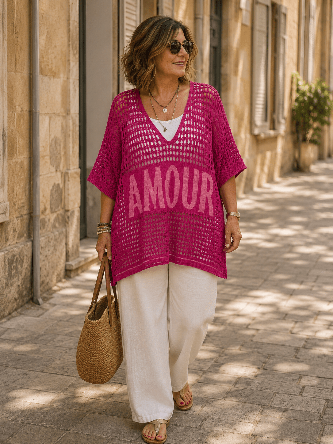 Tunique Amour fuchsia en maille ajourée, vue portée