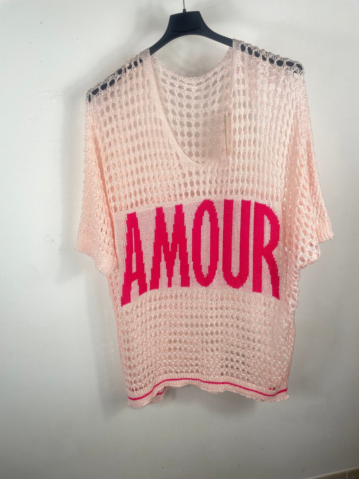 Tunique Amour rose poudré en maille ajourée, vue de face
