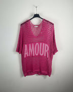 Tunique Amour fuchsia femme en maille ajourée avec inscription devant, vue de face
