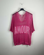 Tunique Amour fuchsia femme en maille ajourée avec inscription devant, vue de face