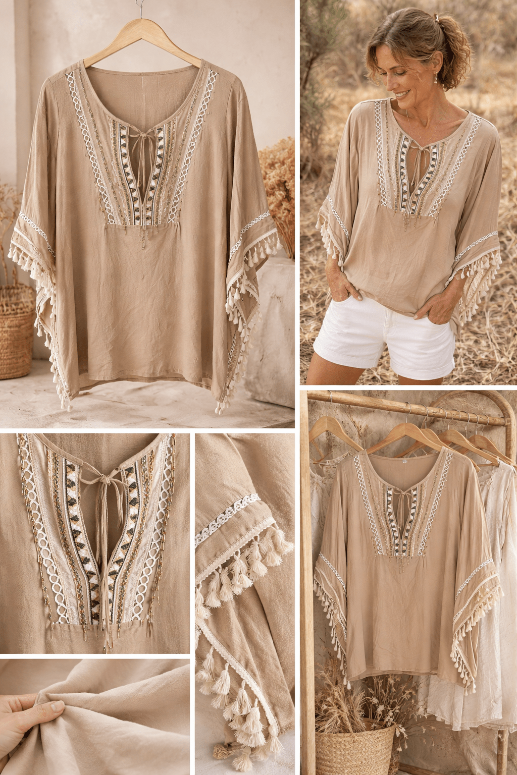 Tunique Bohème Manches Foulard — Du 36 au 48 - Mam’s AilesBeige