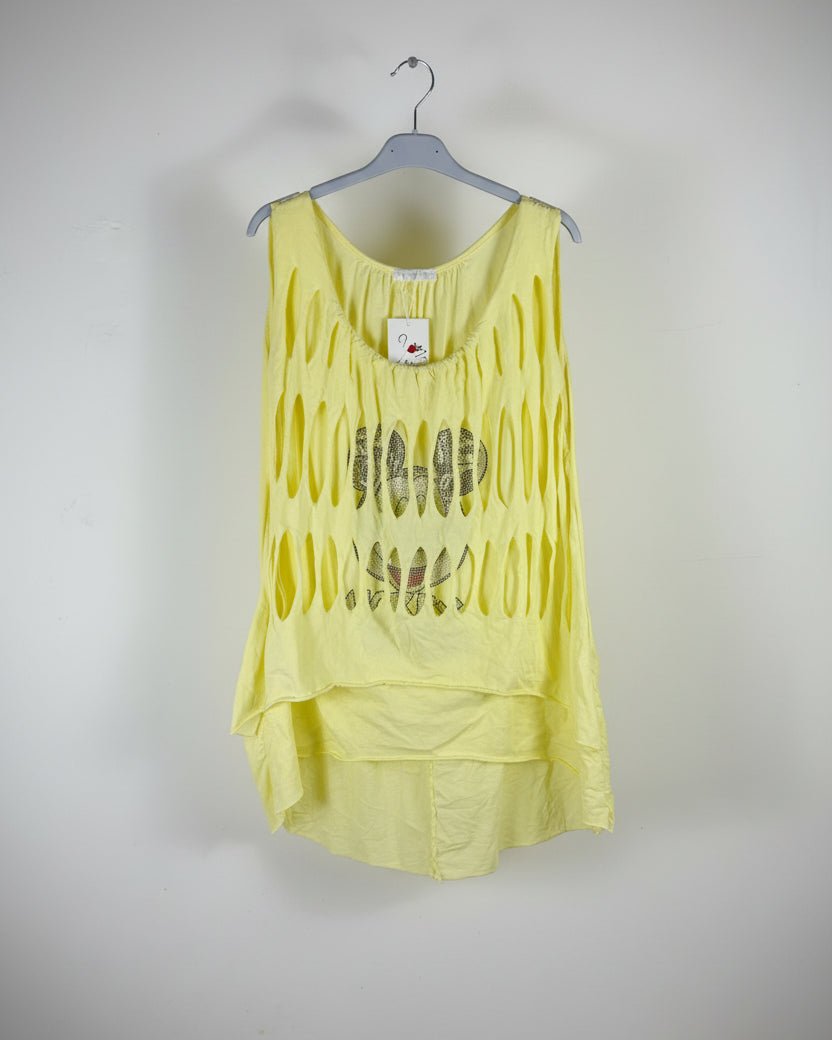 Tunique jaune femme coupe drapée avec motif cartoon et effet strass