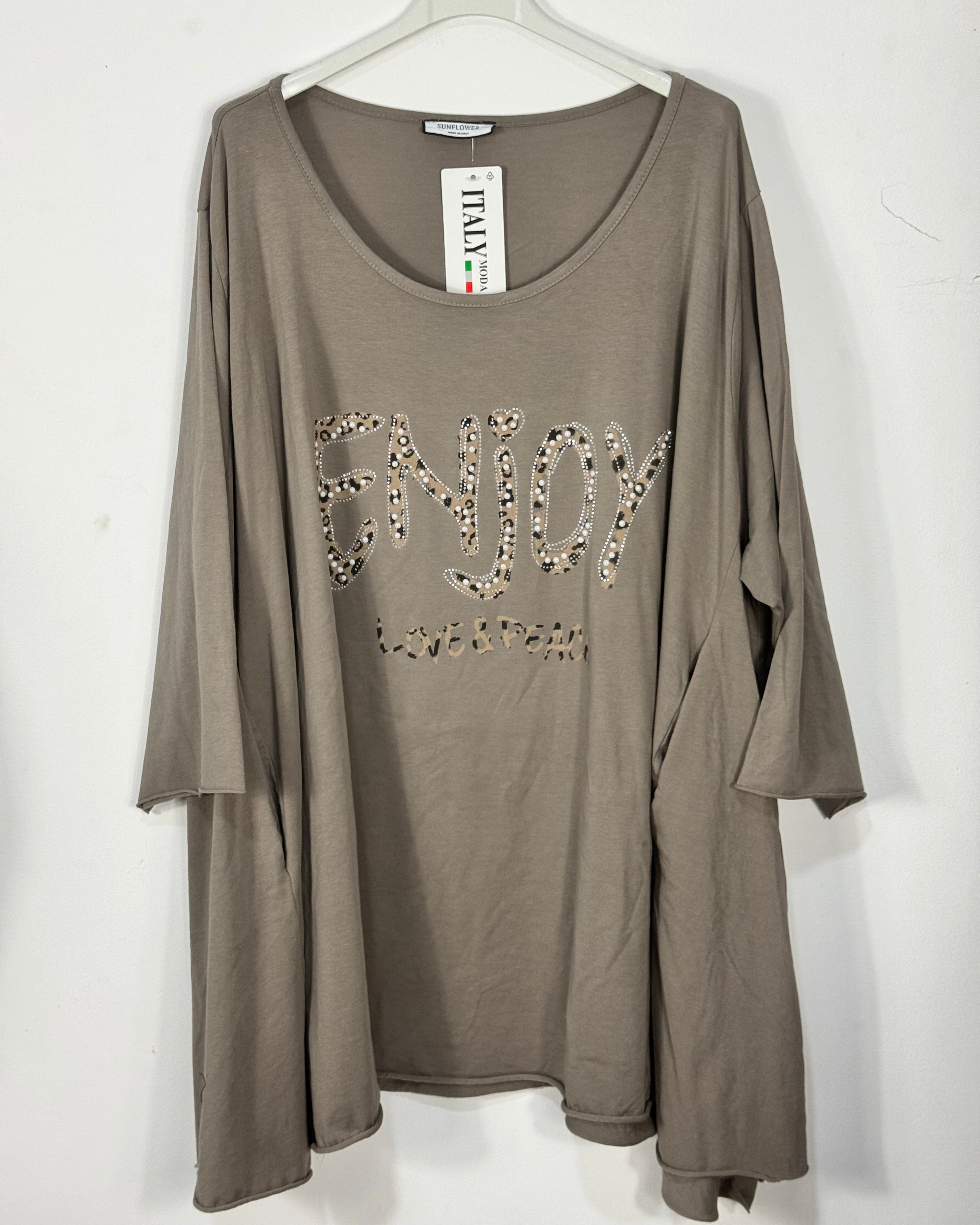 Tunique Gioia taupe grande taille avec motif Enjoy léopard et strass, vue de face