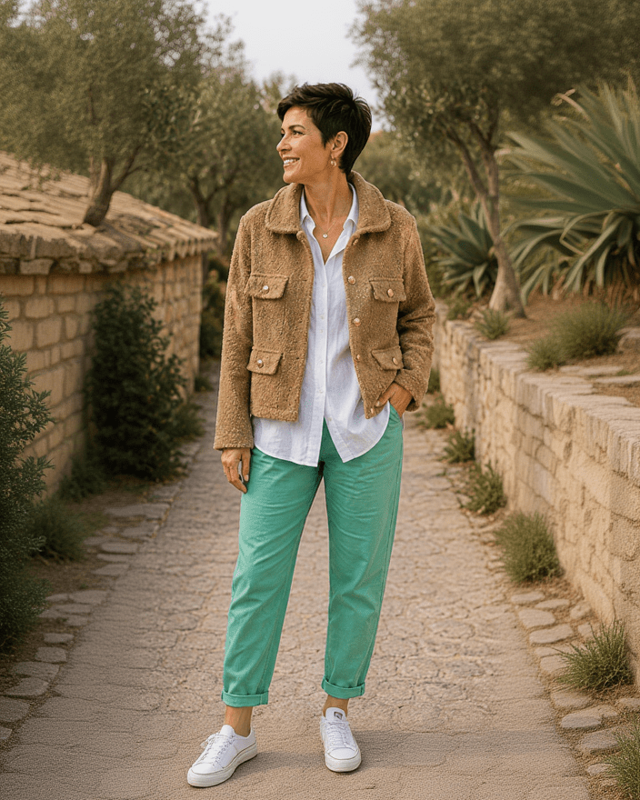 Veste Giulia bouclée camel portée par Sofia avec chemise blanche, pantalon vert menthe et baskets