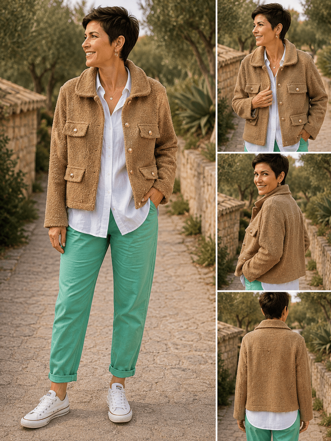 Veste Giulia bouclée camel portée par Sofia, vues de face, de trois-quarts et de dos