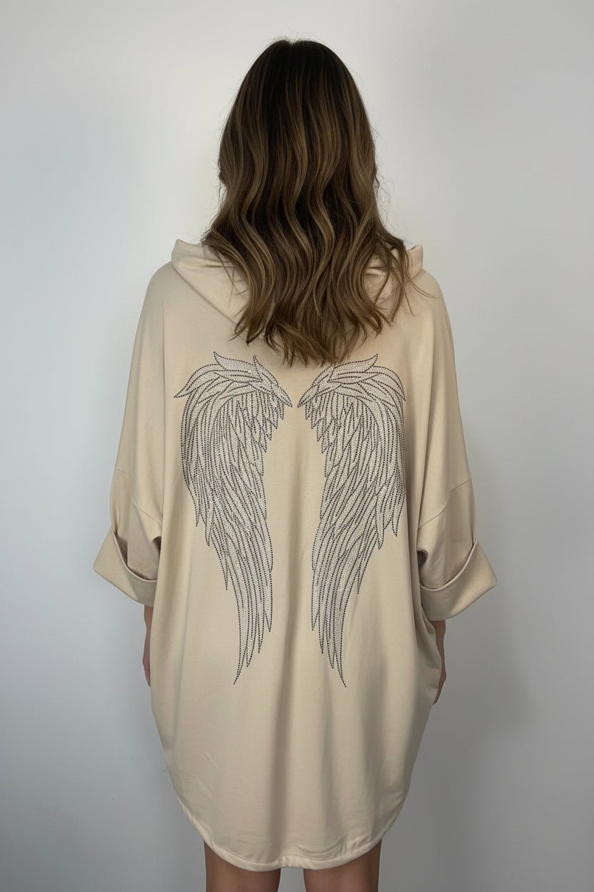 Veste oversize beige capuche ailes strass au dos – Made in Italy
