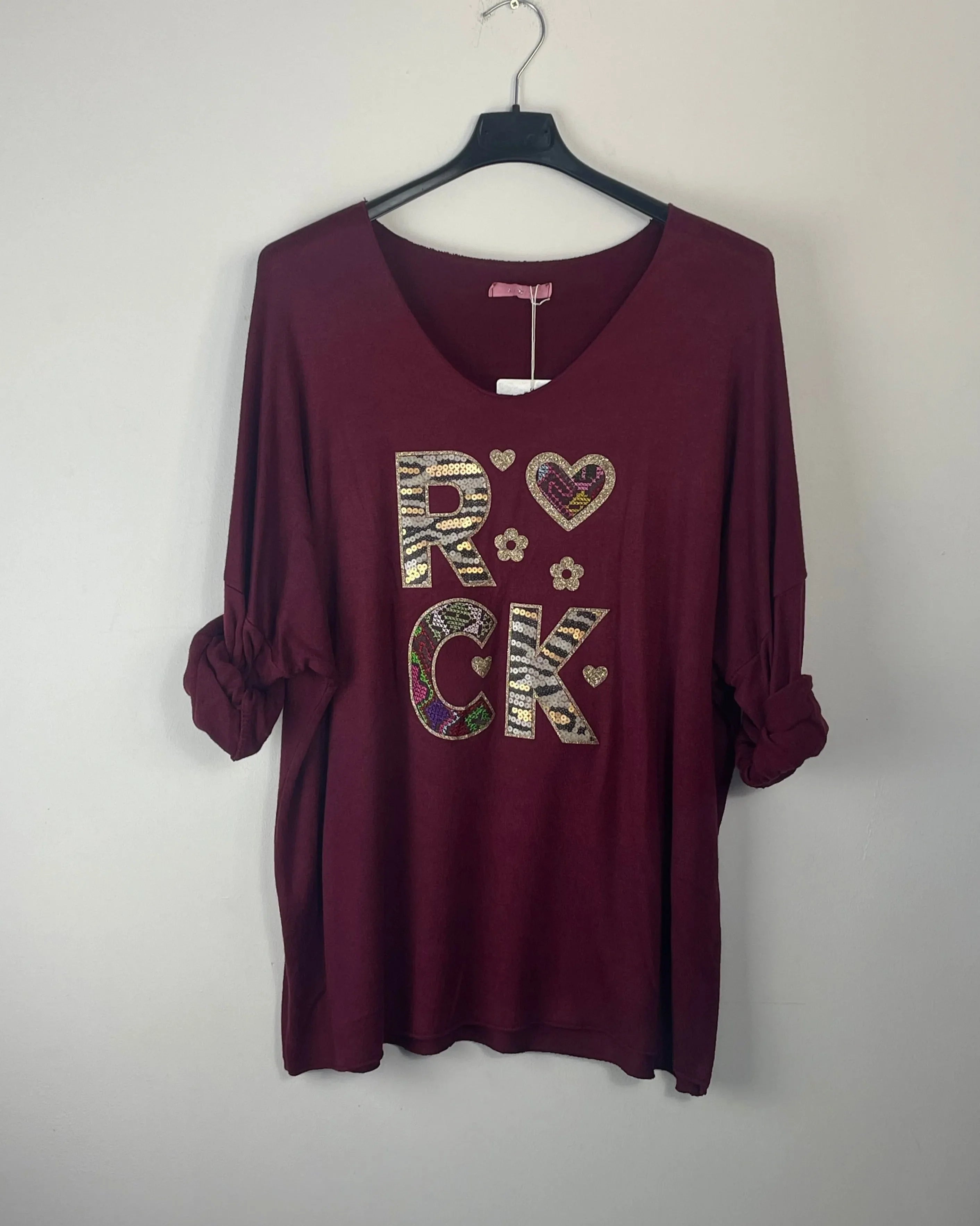 Pull léger motif ROCK sequins coupe large bordeaux