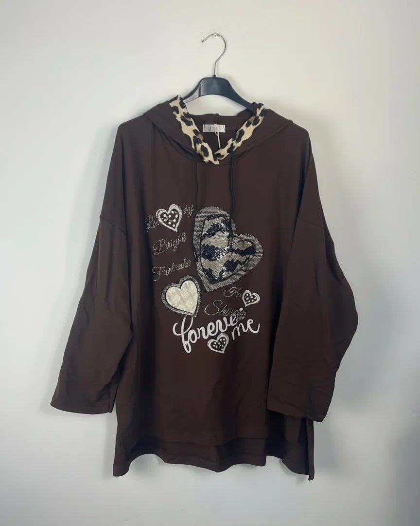 Sweat capuche oversize Forever Me cœur strass léopard chocolat