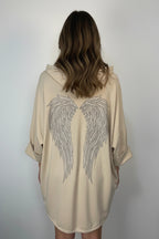 Veste oversize beige capuche ailes strass au dos – Made in Italy
