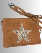 Pochette cuir camel avec étoile léopard centrale – sac bandoulière made in Italy 26x18,5 cm