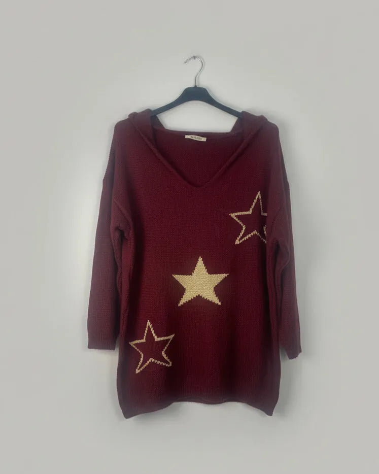 Pull long femme à capuche, motif étoiles, coupe oversize bordeaux