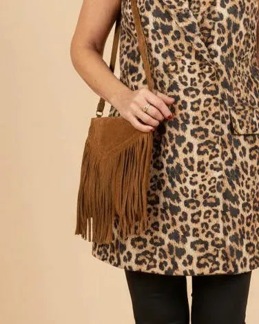 Sac cuir camel à franges bohème, 28x24 cm, fabriqué en Italie