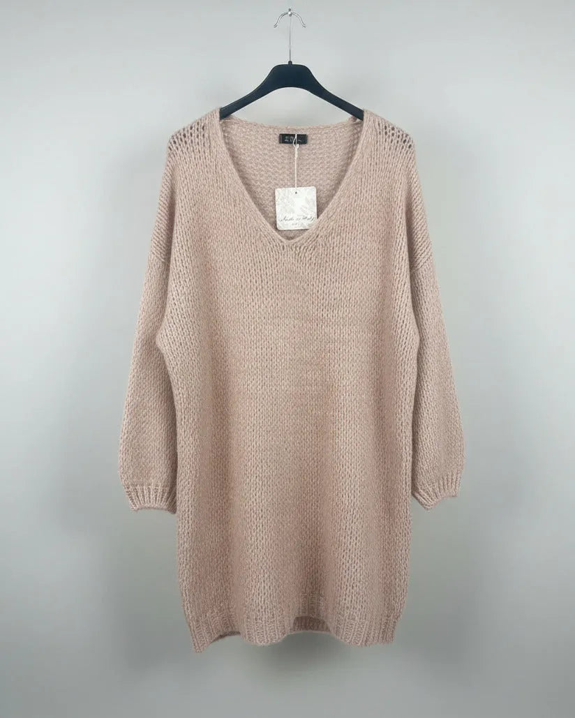 Robe pull oversize rose chiné col V
