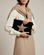 Pochette cuir noire avec étoile léopard centrale – sac bandoulière made in Italy 26x18,5 cm