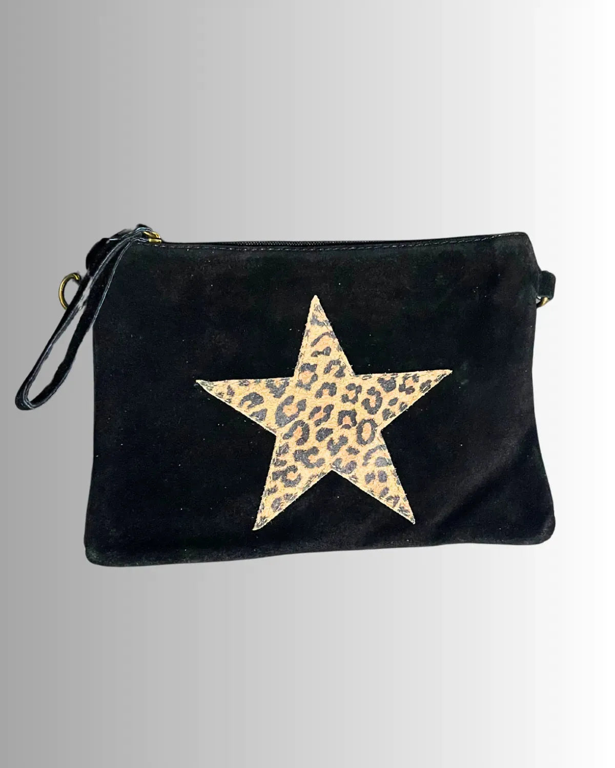 Pochette cuir noire avec étoile léopard centrale – sac bandoulière made in Italy 26x18,5 cm