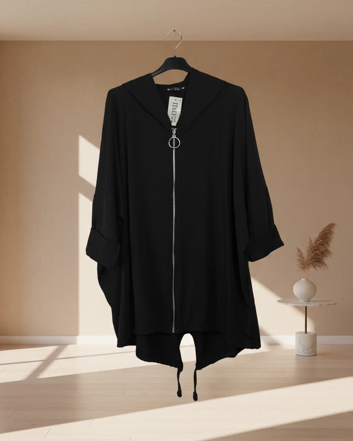 Vue devant, veste zip avec snoopy au dos