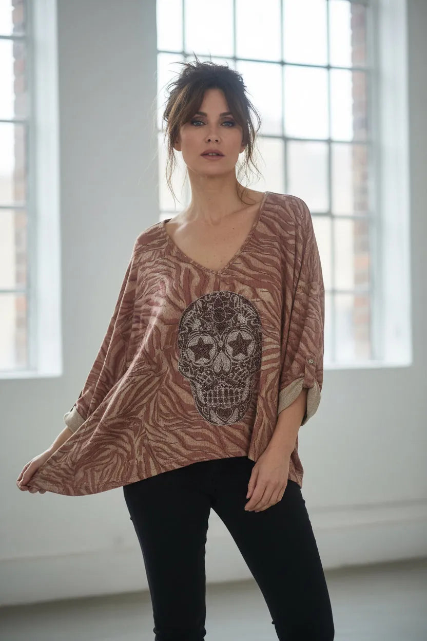 Pull tête de mort rock femme – motif strass doré, coloris vieux rose – Mam’sailes