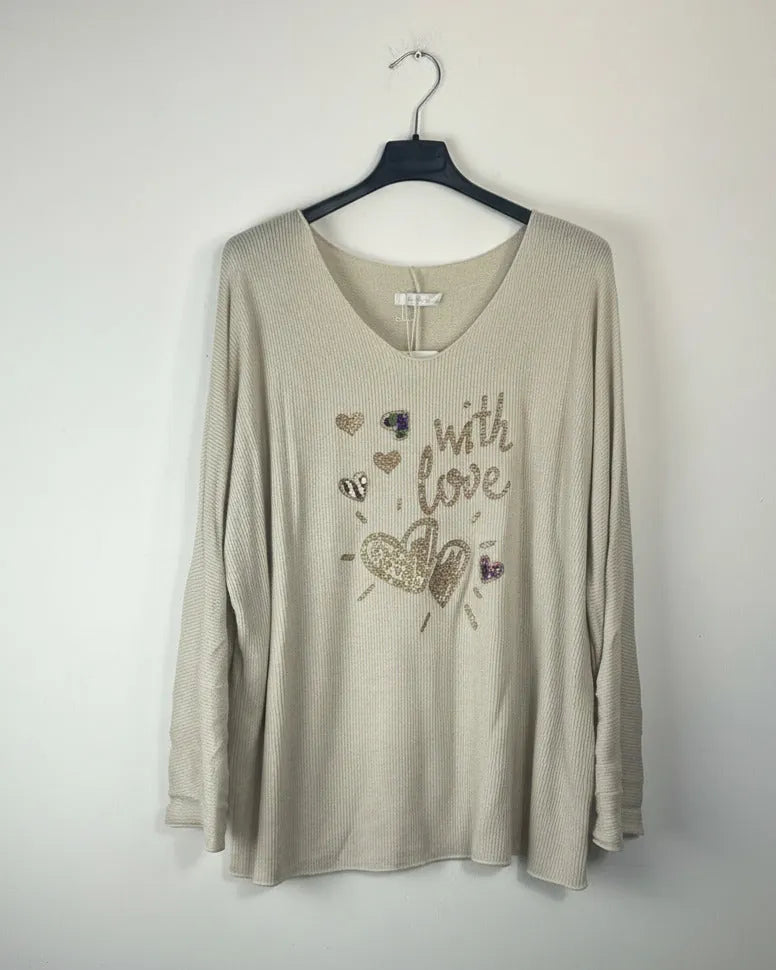 Pull léger motif With Love cœurs strass coupe confortable