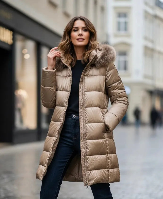 Doudoune femme couleur champagne avec capuche amovible – Mam’s Ailes