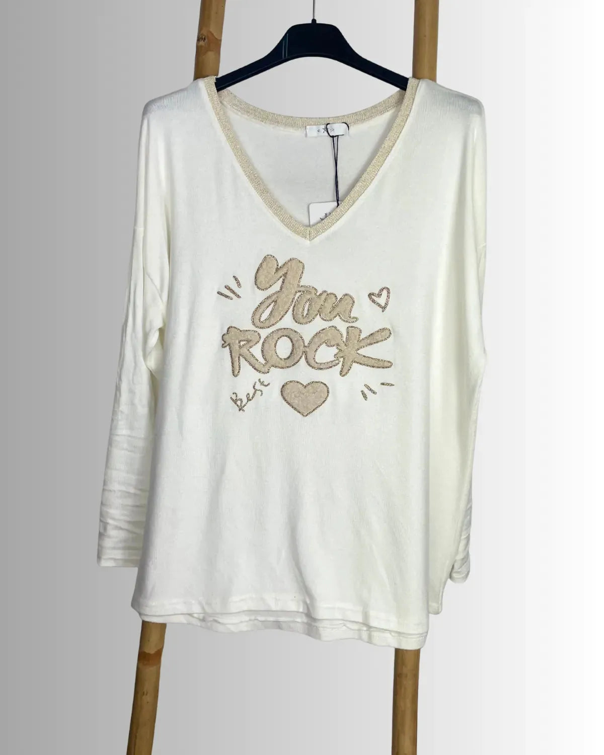 Pull blanc femme inscription You Rock avec paillettes dorées au col – taille unique 36-46