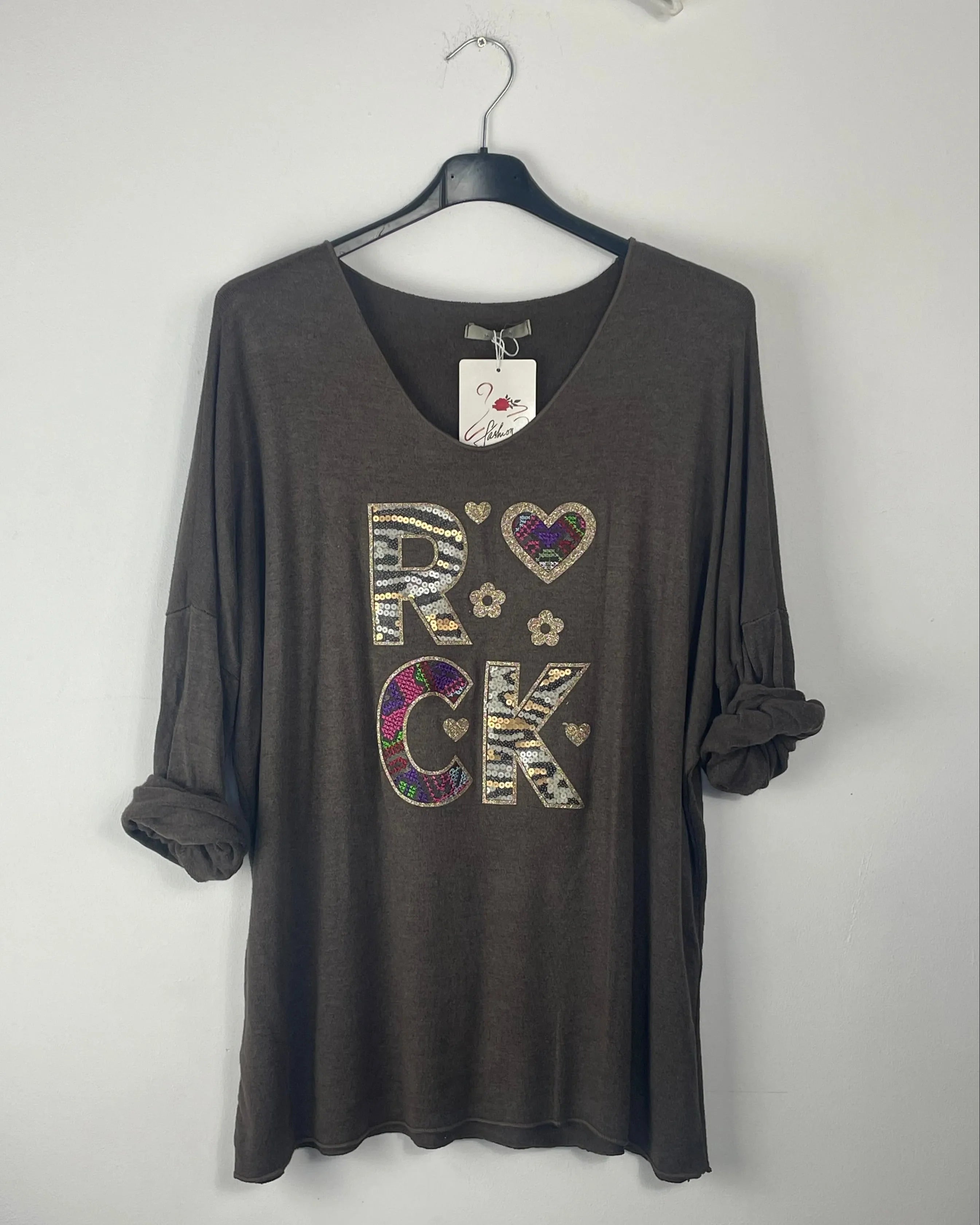 Pull léger motif ROCK sequins coupe large chocolat