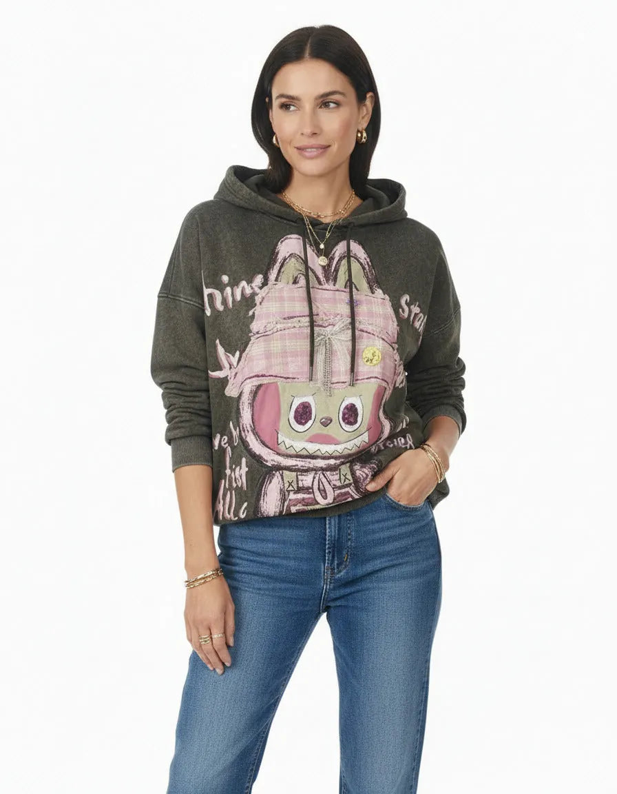Sweat chocolat oversize motif lapin fun capuche