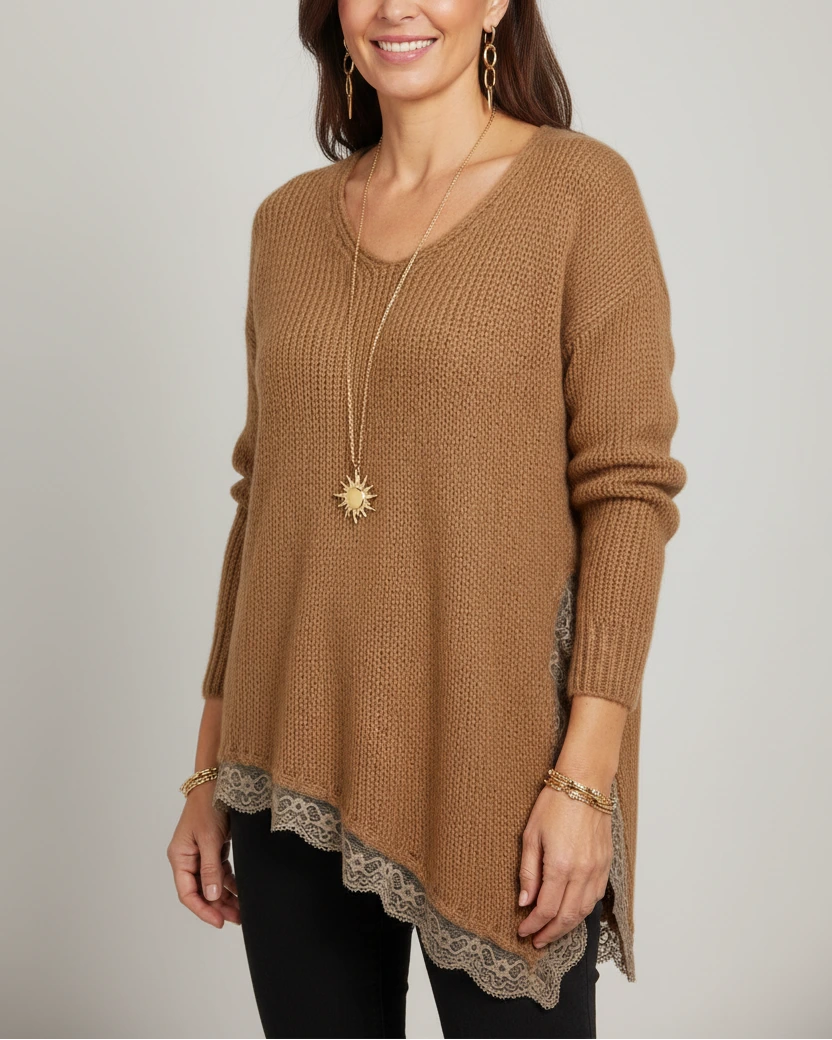 pull maille douce femme finition dentelle couleur camel