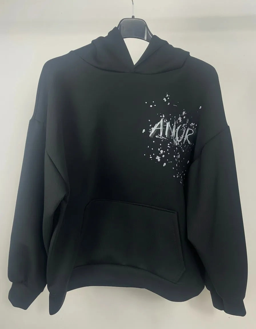 Sweat noir AMOR femme face avant capuche poche ventrale