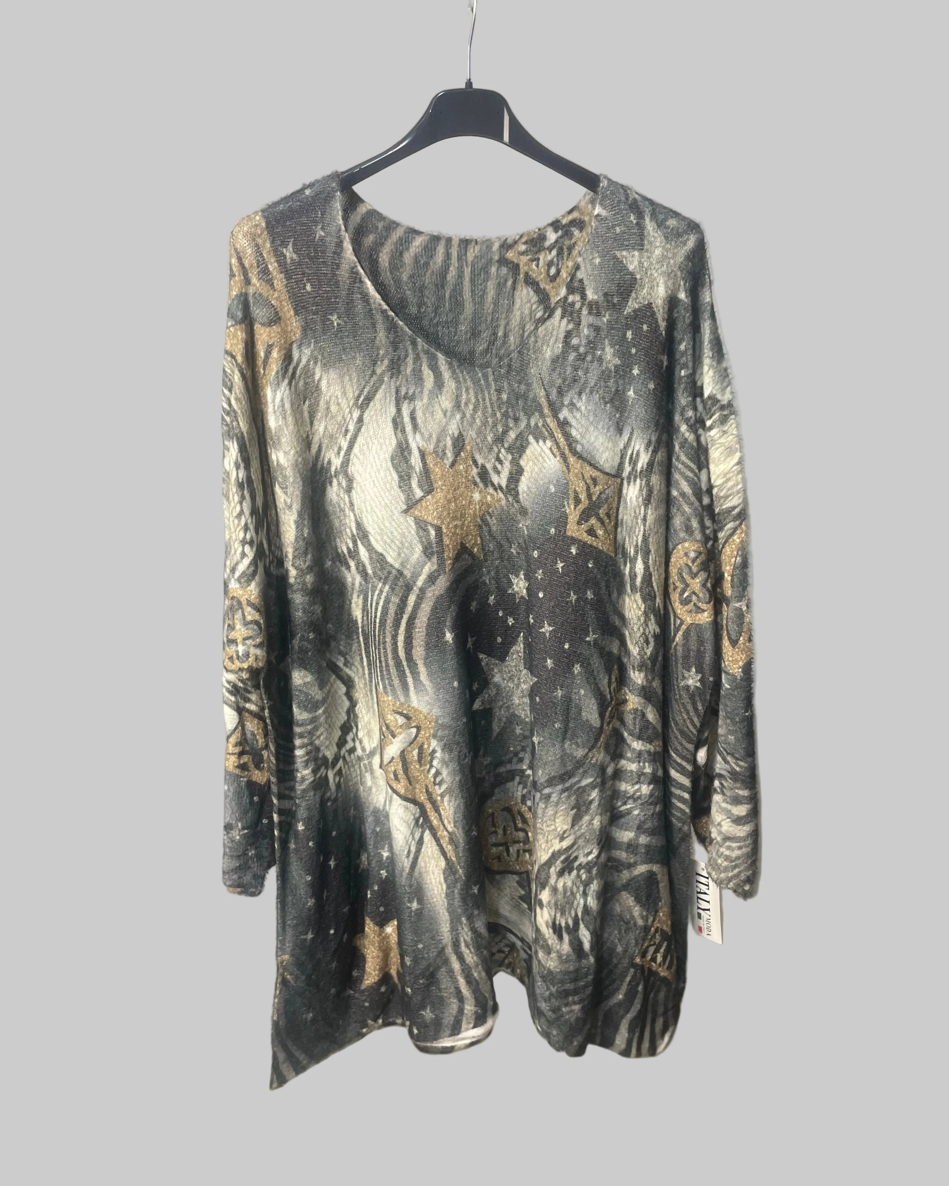 Pull long motifs étoiles dorées femme 85 cm