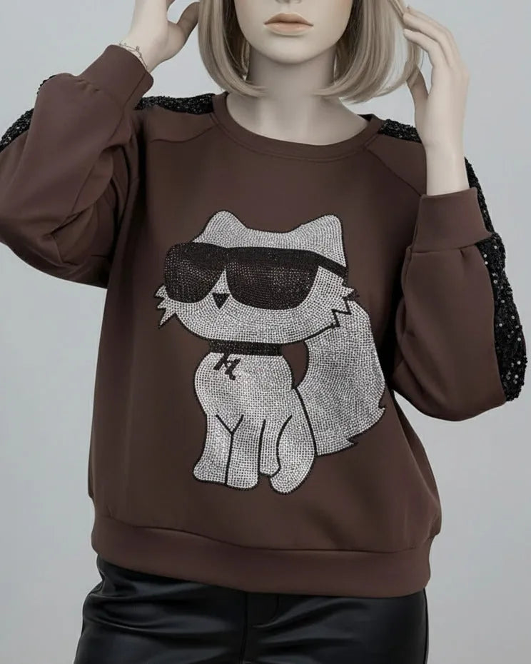 Sweat femme sequins et motif chat