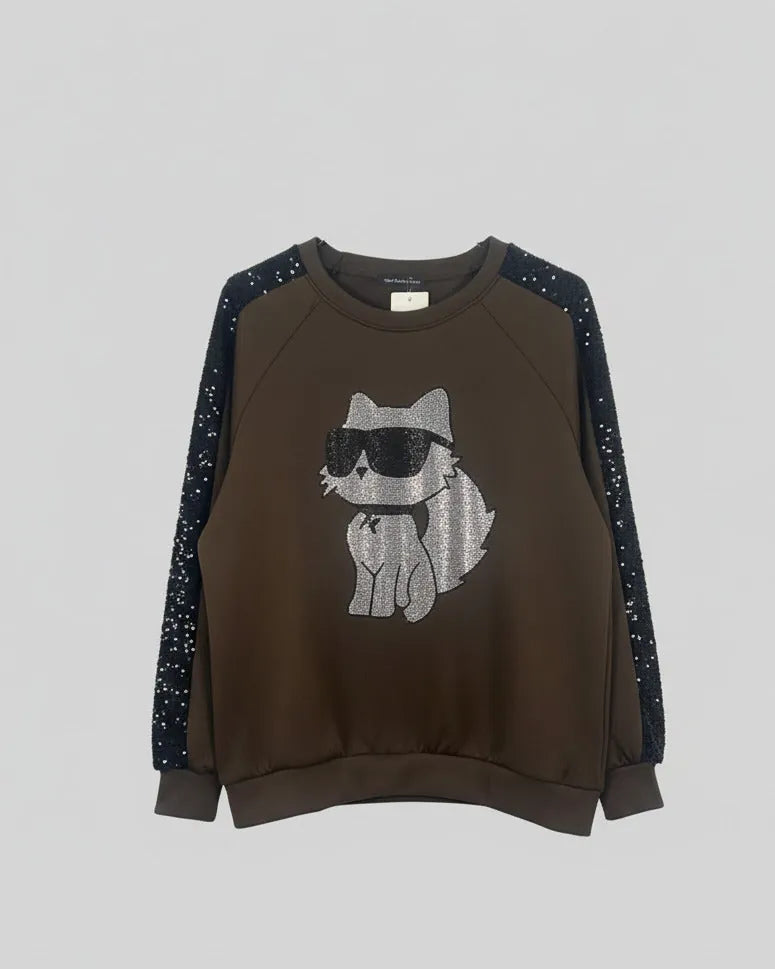 Sweat Catty Chic chocolat avec illustration glitter – Mam’s Ailes