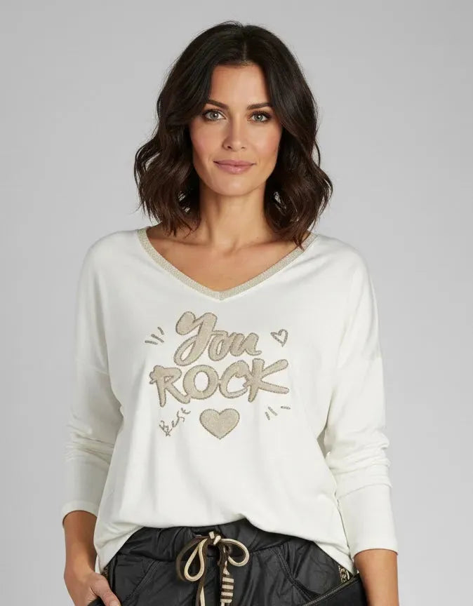Pull blanc femme inscription You Rock avec paillettes dorées au col – taille unique 36-46