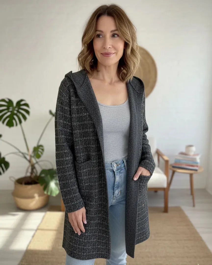 manteau Élora, tombé fluide et finition scintillante subtile