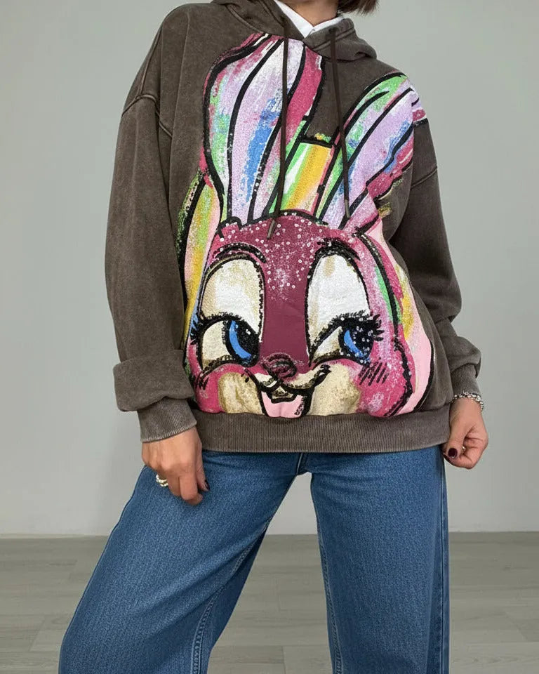 Sweat chocolat chiné oversize motif lapin coloré femme