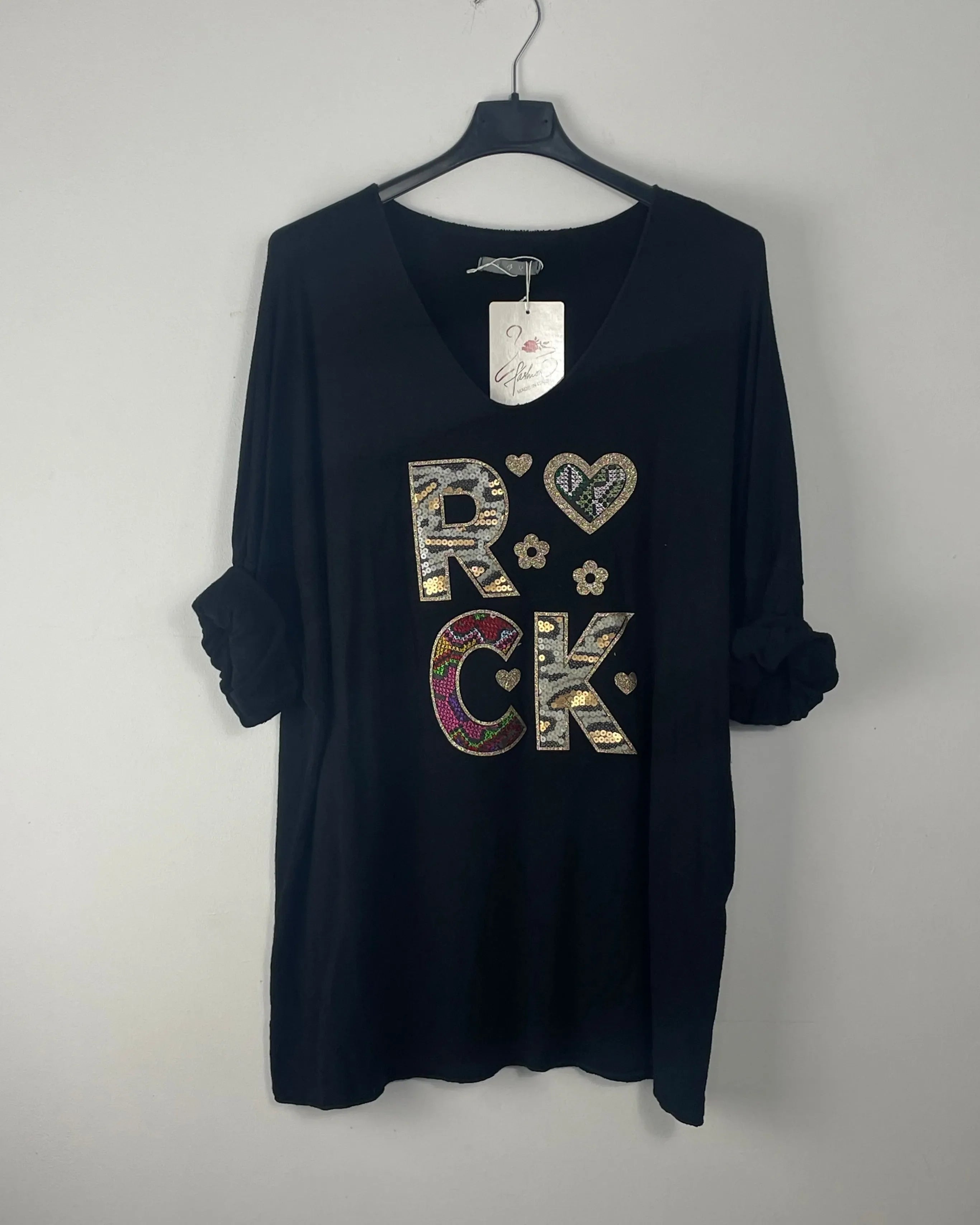 Haut femme ROCK sequins noir oversize