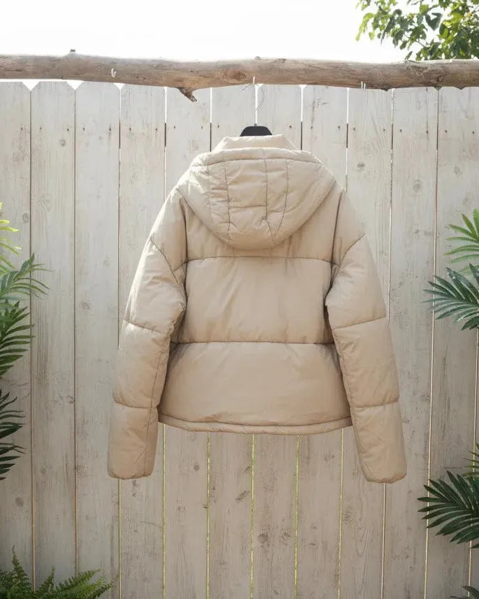 Doudoune satinée femme beige courte avec capuche amovible, Made in Italy vue de dos