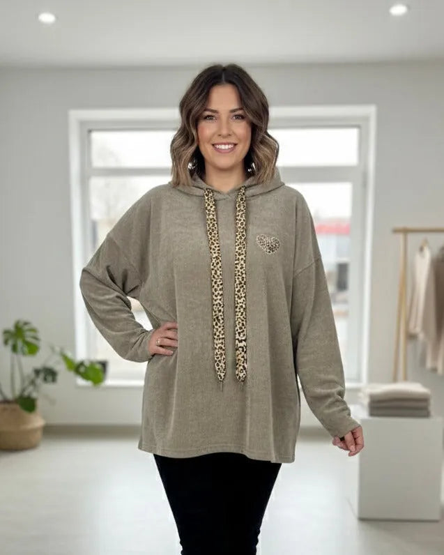 Pull à capuche taupe oversize avec cordons léopard femme