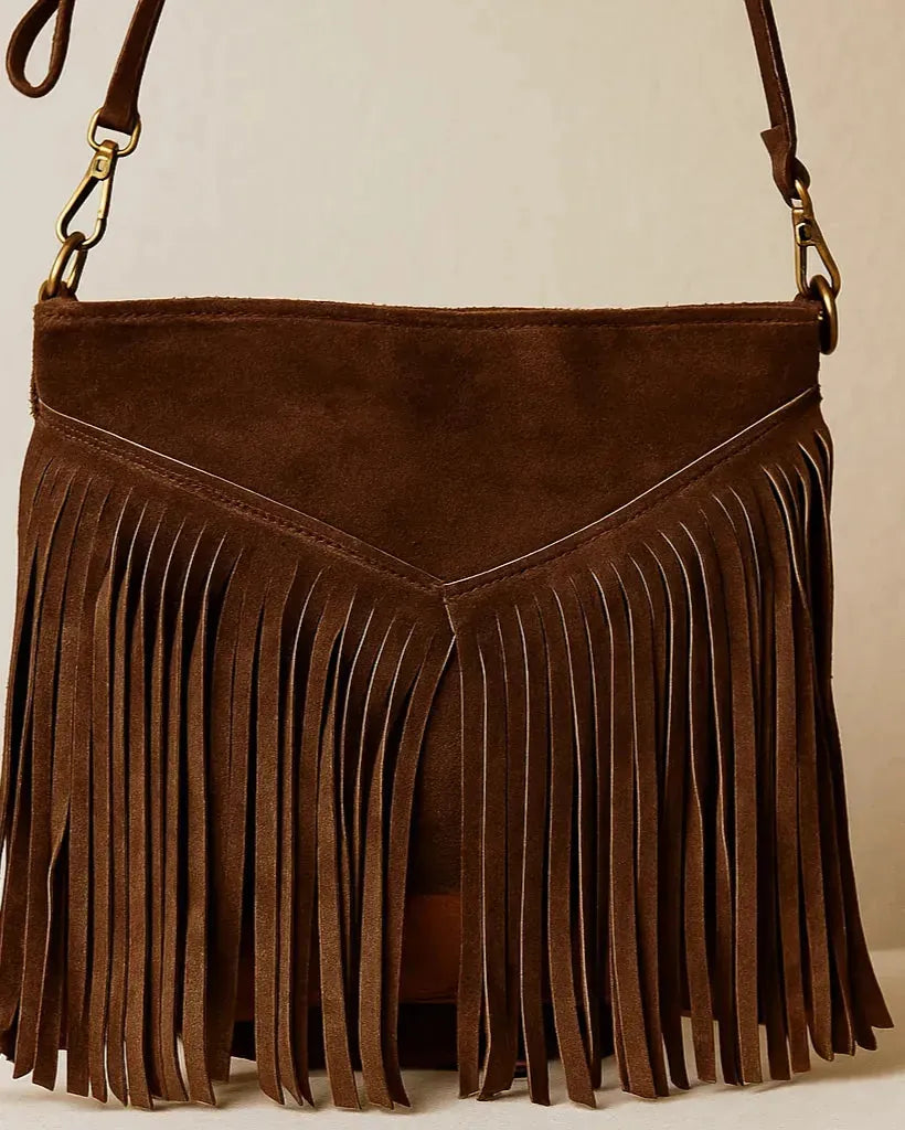 Sac cuir chocolat à franges tendance automne hiver, bandoulière réglable – Italie
