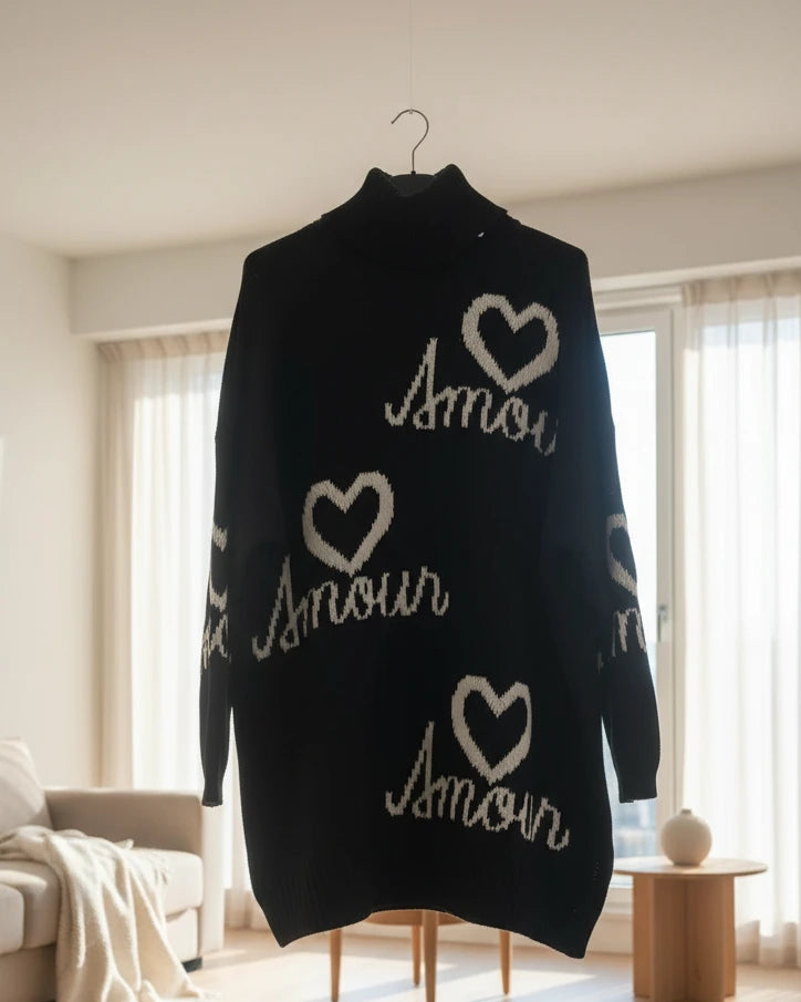 Robe pull col roulé femme noir motif amour