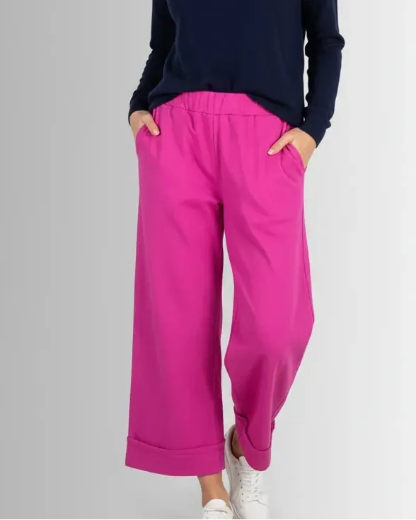 Pantalon Roma femme fuchsia à jambe large, taille élastique, viscose fluide made in Italy