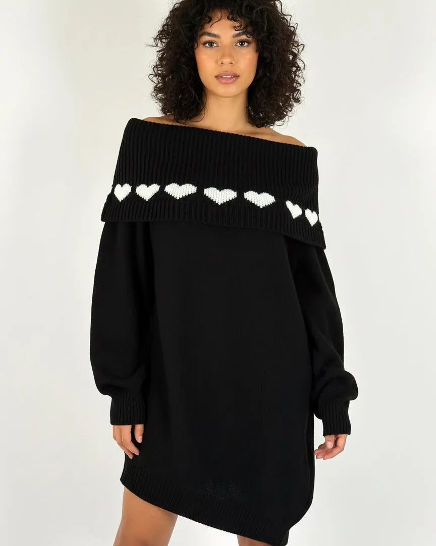 robe pull noir col bardot oversize