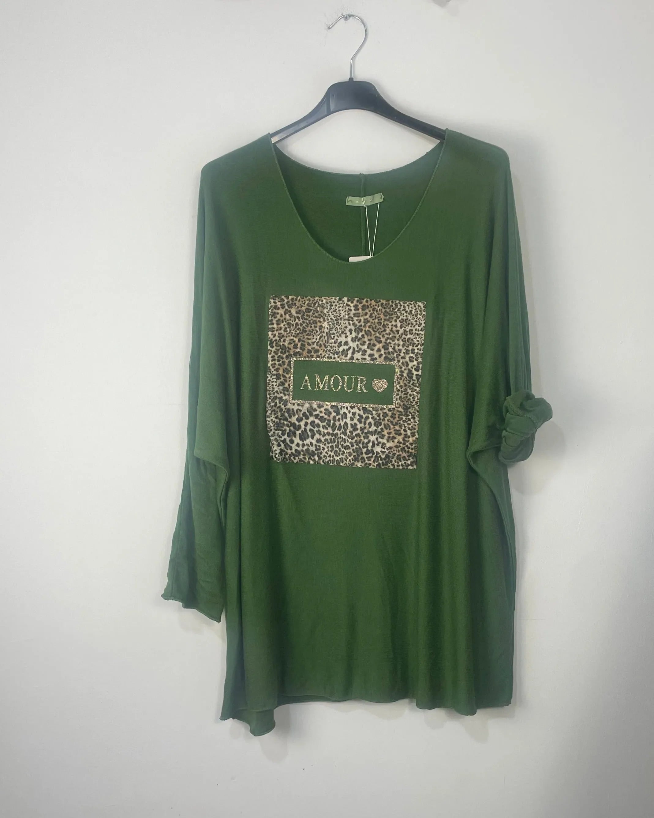 Pull oversize Amour léopard vert