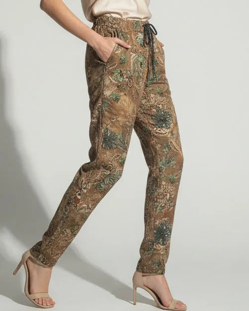 pantalon femme imprimé floral marron